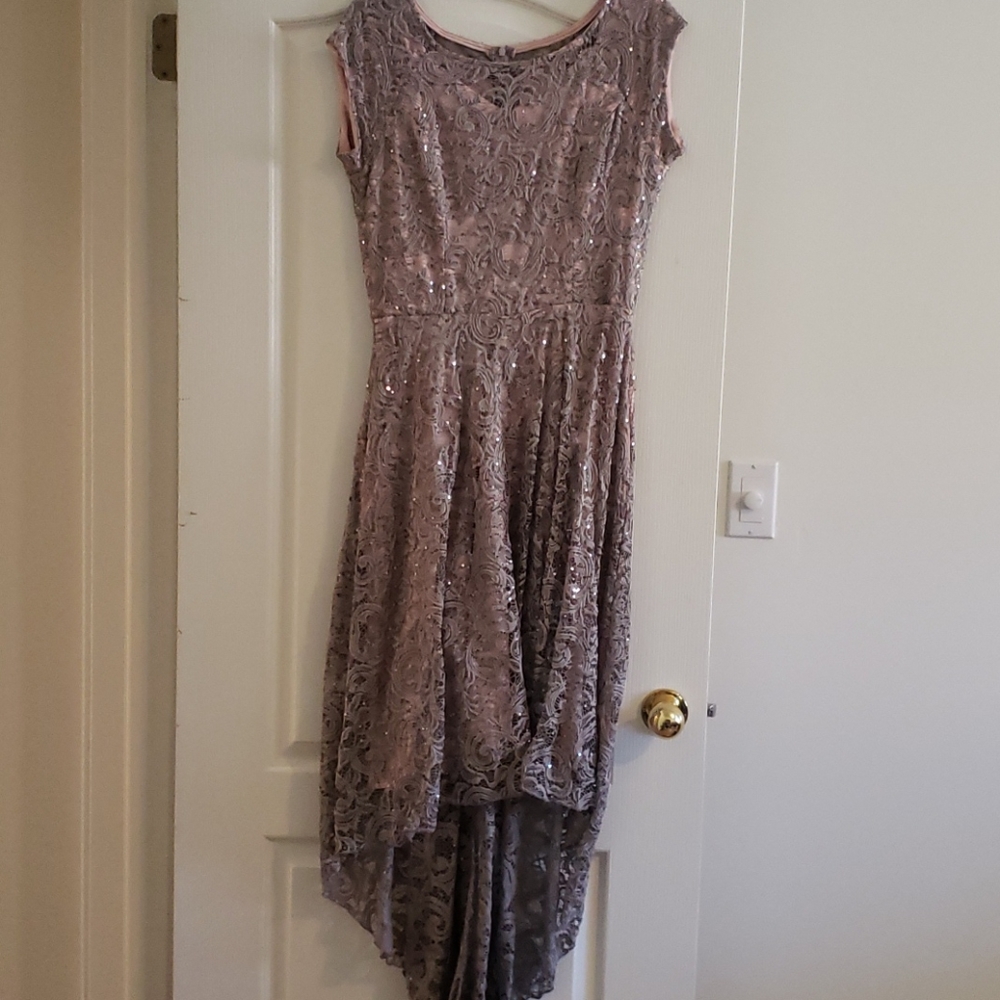 PINK/GRAY HI-LOW LACE/SEQUIN PROM DRESS